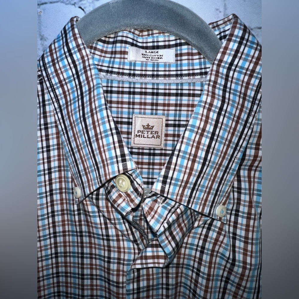 Peter Millar 100%‎ Cotton Brown Blue Plaid Long Sleeve Button Down Shirt Large - Picture 3 of 5